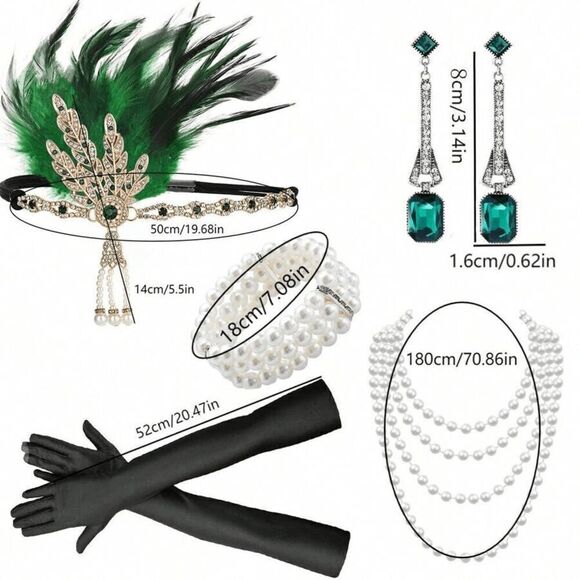 💚✨ 5PCS 1920s Green Accessories Flapper Great Gatsby Retro Costume Set NEW - Picture 8 of 14